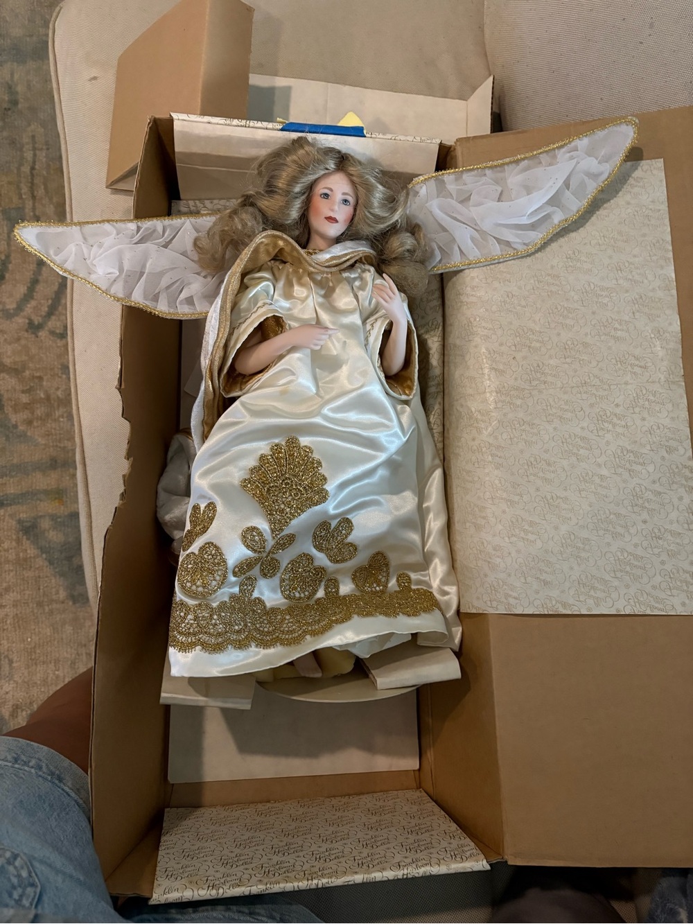 Porcelain Angel Doll in Ivory and Gold Dress